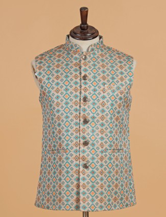 Beige and sky blue cotton silk waistcoat for men