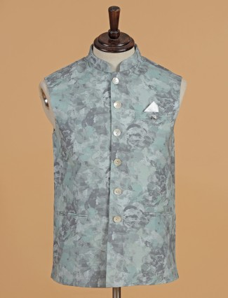 Mint green printed cotton waistcoat for men