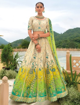 Graceful beige and green silk lehenga choli