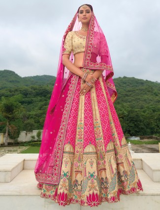 Beige and rani color lehenga choli in silk
