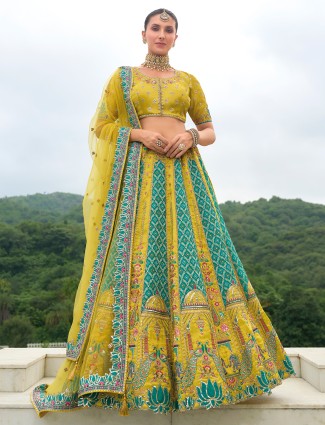 Elegantry mehendi yellow silk lehenga choli