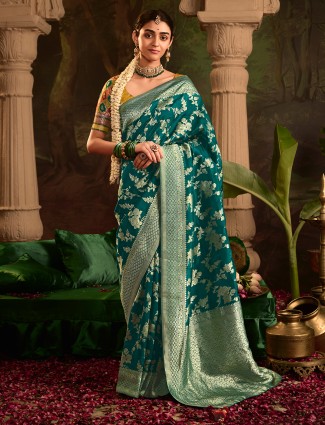 Rama green wedding wear dola silk saree