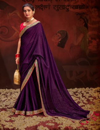 Graceful purple cozi silk saree with artistic prints and thread embroidery