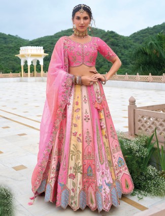 Pink color unstitched lehenga choli in silk