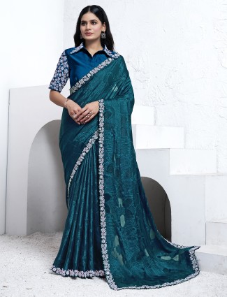 Latest teal blue printed georgette saree