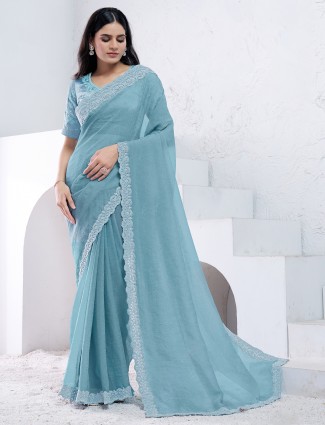 Trendy aqua silk saree for festive
