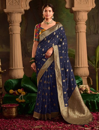 Navy saree for wedding in dola silk
