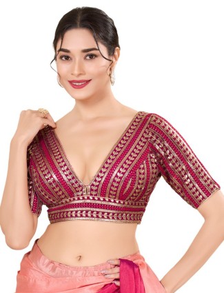 Cotton silk ready made blouse in megenta pink