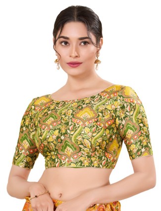Green printed silk blouse with boat neck