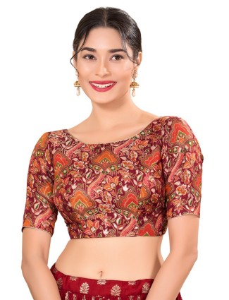 Maroon silk redy made blouse with print