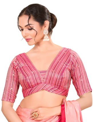 Pink silk printed ready made blouse