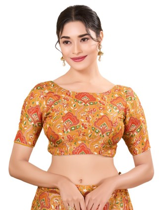 Silk yellow ready made blouse with boat neck
