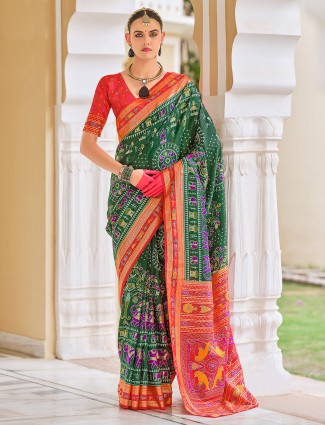 Pretty dark olive silk printed saree