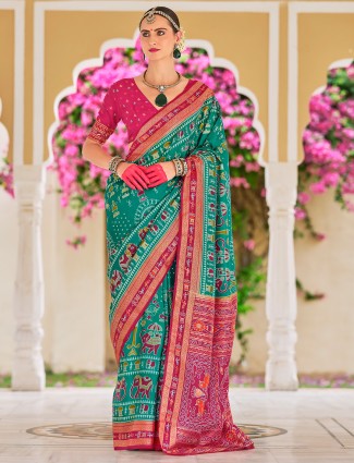 Dazzling aqua silk saree in printed