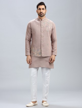 Light brown cotton silk kurta jacket set for men
