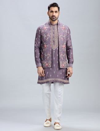 Cotton silk light purple waistcoat set for men
