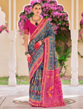 Elegant dark grey saree in zari weaving
