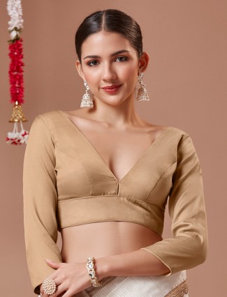 V neck beige silk readymade blouse