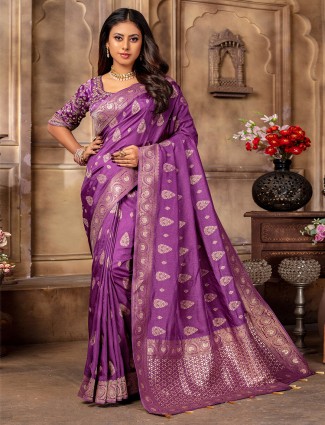 Graceful purple cozi silk saree with artistic prints and thread embroidery