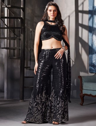 Classy black georgette party wear palazzo suit