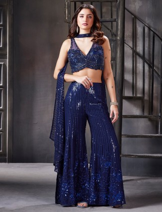 Blue georgette palazzo suit for party