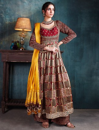 Maroon gaji silk festive wear anarkali suit