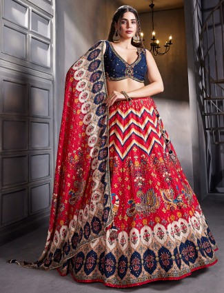 Trendy red silk printed lehenga choli