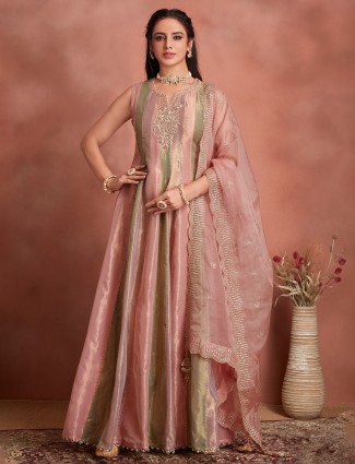 Gorgeous onion pink tissue silk anarkali suit