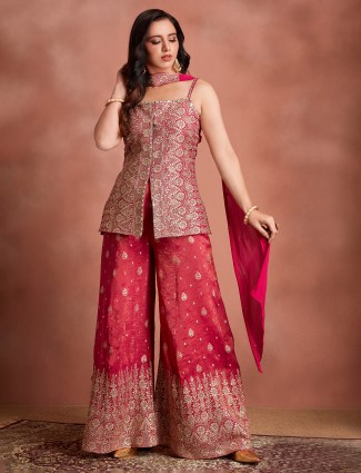 Pink banarasi silk palazzo suit with sequins work
