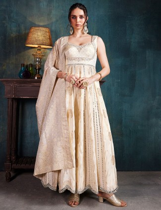 Cream silk anarkali suit with dupatta