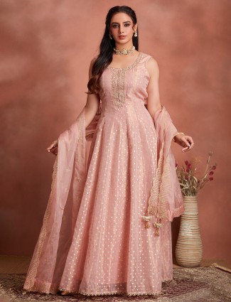 Onion pink tissue silk wedding wear anarkali suit
