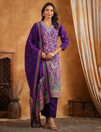 Dark purple silk printed kurti set for women