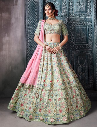 Stunning pista green raw silk lehenga choli
