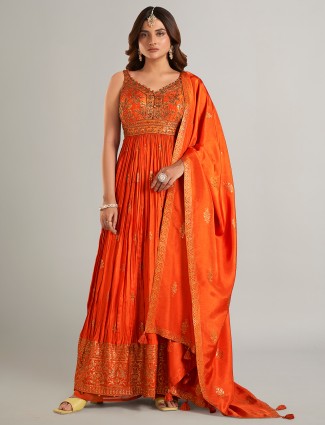 Orange silk anarkali suit for women