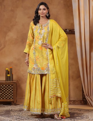 Trendy silk mstard yellow kurti set with dupatta