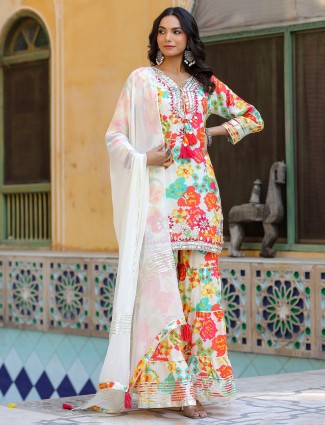 Beautiful off-white printed silk sharara kurti set