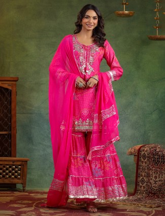 Stunning rani color silk sharara kurti set