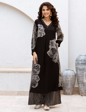 Black casual printed silk kurti set