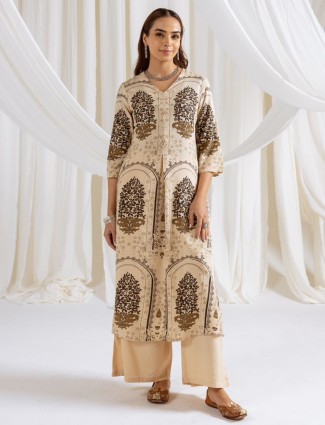 Coton silk cream printed kurti set for women
