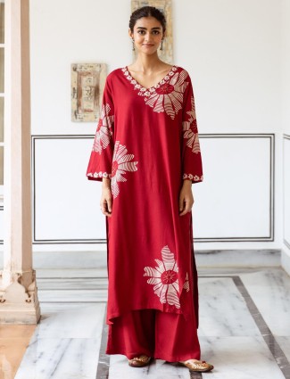 Classy maroon printed silk kurti set for women
