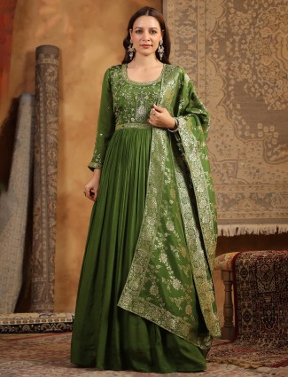 Gorgeous mehendi green silk anarkali kurti set
