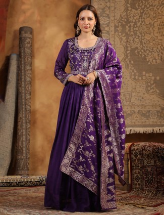 Stunning purple silk anarkali kurti set