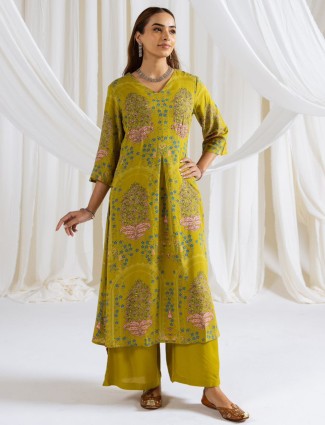 Gorgeous printed mehendi green cotton silk kurti set