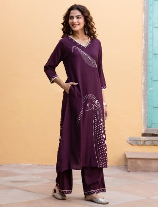 Stunning dark purple silk printed kurti set