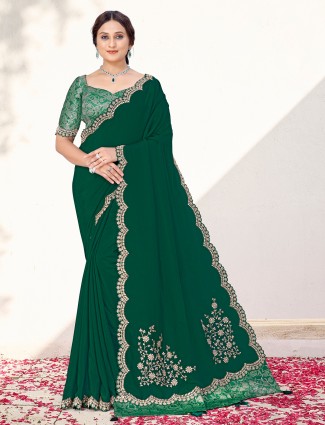 Green party crepe saree with resham detailing work