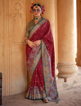 Maroon silk saree featuring prints and blouse piece