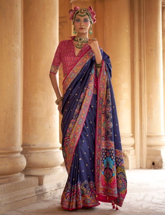 Navy blue silk saree with ethnic prints and blouse
