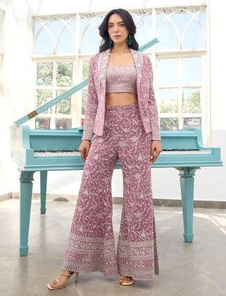 Onion pink silk palazzo suit with beads detailing