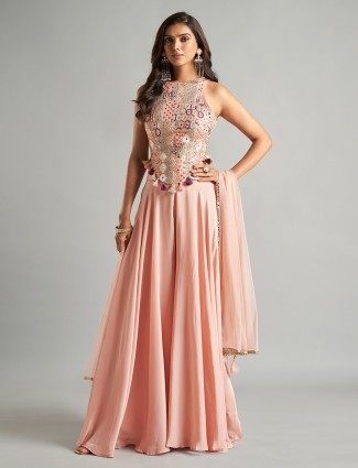 Peach silk women wear palazzo suit festive wear