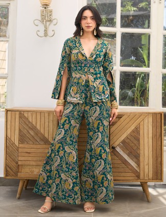 Peach georgette palazzo suit featuring bead and sequin accents